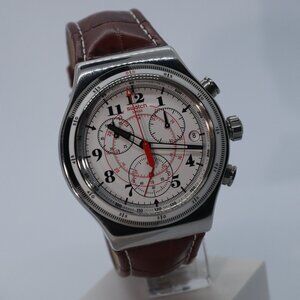 COPY - NWT SWISS SWATCH IRONY CHRONO BACK TO THE ROOTS BROWN LEATHER WATCH YVS4…
